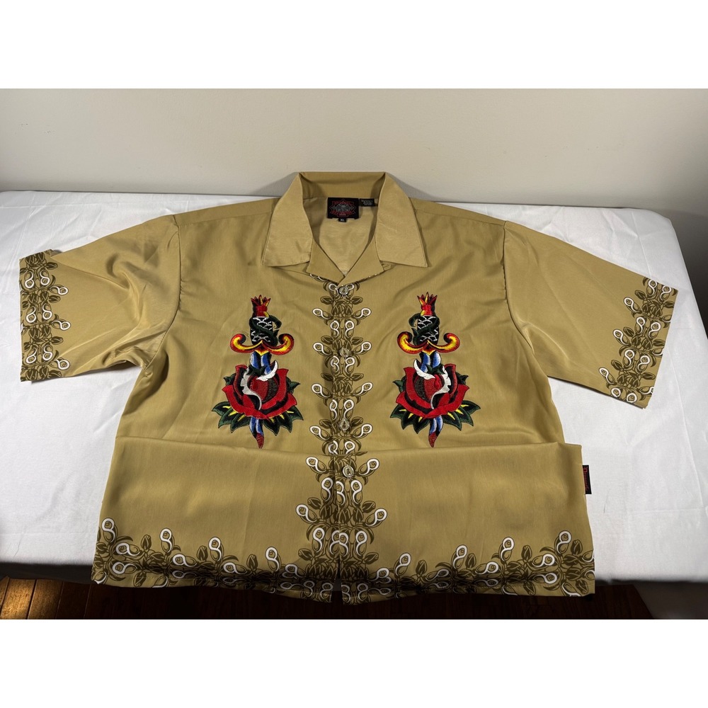 Vtg Dragonfly Clothing Co Embroidery Shirt XL Tan Sacred Heart Rose Tattoo Y2K